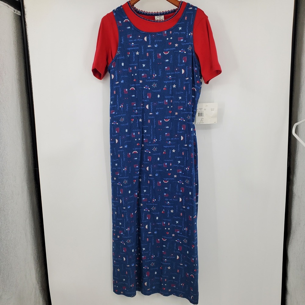Vintage 90s Koret City Blues Picnic Day Americana Set Jumper Dress M Petite USA